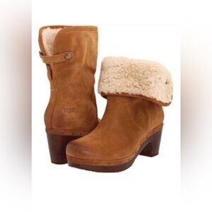 UGG Lynnea Brown Leather Suede Fold Over Shearling Cuff Clog Boots Size 8